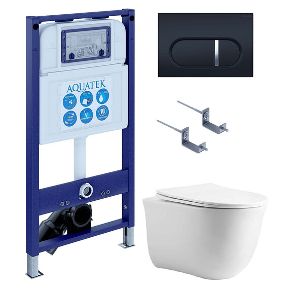 Инсталляция с подвесным унитазом комплект: SET AQUATEK КЛАССИК cm-045 4в1 (рама AQUATEK INS-0000025 + крепление KKI-0000002 + кнопка KDI-0000045 + унитаз AQ1112-00 + тонкое сиденье с механизмом soft close) - фото 
