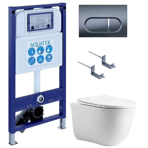 Инсталляция с подвесным унитазом комплект: SET AQUATEK КЛАССИК cm-050 4в1 (рама AQUATEK INS-0000025 + крепление KKI-0000002 + кнопка KDI-0000050 + унитаз AQ1112-00 + тонкое сиденье с механизмом soft close) - фото 