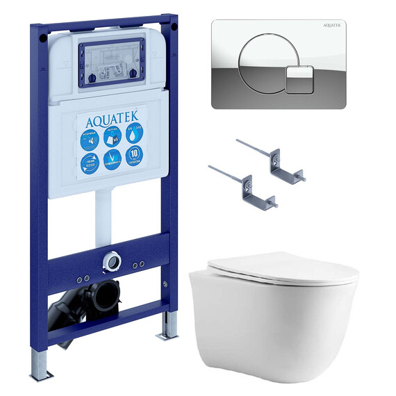 Инсталляция с подвесным унитазом комплект: SET AQUATEK КЛАССИК cm-067 4в1 (рама AQUATEK INS-0000025 + крепление KKI-0000002 + кнопка KDI-0000067 + унитаз AQ1112-00 + тонкое сиденье с механизмом soft close) - фото 