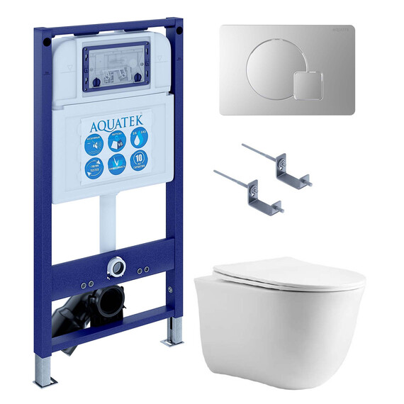 Инсталляция с подвесным унитазом комплект: SET AQUATEK КЛАССИК cm-068 4в1 (рама AQUATEK INS-0000025 + крепление KKI-0000002 + кнопка KDI-0000068 + унитаз AQ1112-00 + тонкое сиденье с механизмом soft close) - фото 