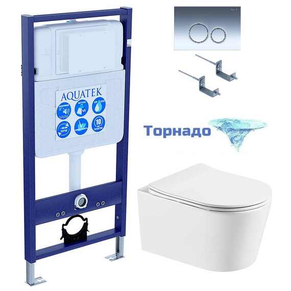 Инсталляция с подвесным унитазом комплект: SET AQUATEK ОБЕРОН T KDI18 (унитаз ОБЕРОН AQ1365T-00, система смыва Торнадо + крепление к стене + инсталляция Standart 50 INS-0000012 + крышка-сиденье soft-close + панель смыва KDI-0000018) - фото 