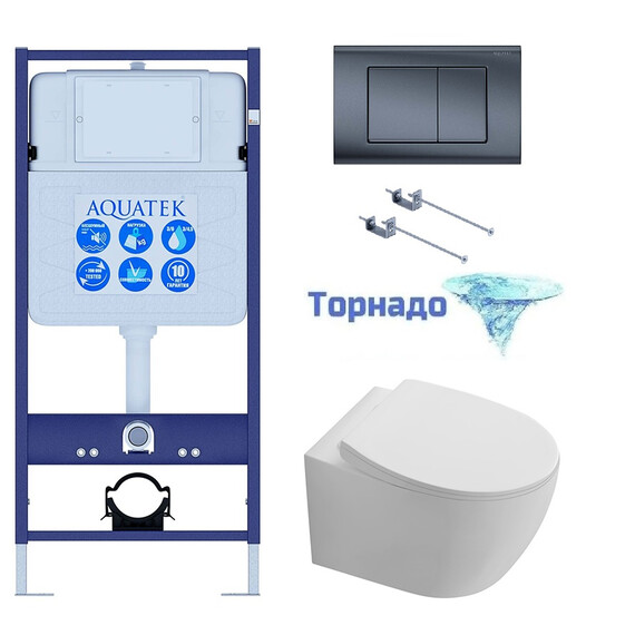 Инсталляция с подвесным унитазом комплект: SET AQUATEK СИРИУС KDI-033 4в1 (рама INS-0000012 +крепёж KKI-0000001 + клавиша KDI-0000033 + унитаз AQ1582T-00 СИРИУС с тонким сиденьем soft-close, система смыва Торнадо) - фото 