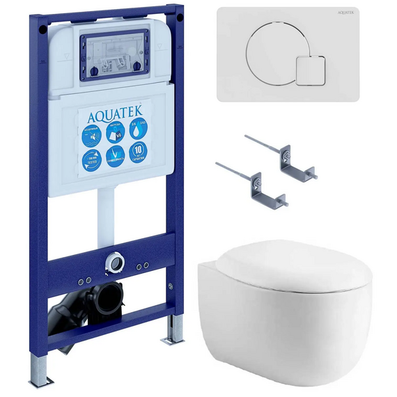 Инсталляция с подвесным унитазом комплект SET AQUATEK АЛЬТАИР cm-066 4в1 (рама AQUATEK INS-0000025 + крепление KKI-0000002 + кнопка KDI-0000066 + унитаз AQ1980-00 + тонкое сиденье soft-close) - фото 