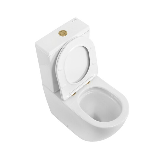 Унитаз-компакт безободковый Cezares Stylus-Tor CZR-538-CP-TOR с тонкой крышкой микролифт, кнопка брашированное золото (система смыва Торнадо) - фото 2