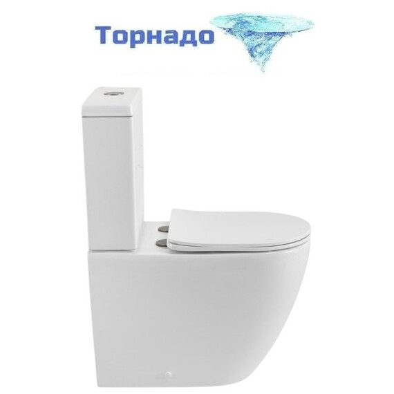Унитаз-компакт безободковый Cezares Stylus-Tor CZR-538-CP-TOR с тонкой крышкой микролифт, кнопка оружейная сталь (система смыва Торнадо) - фото 