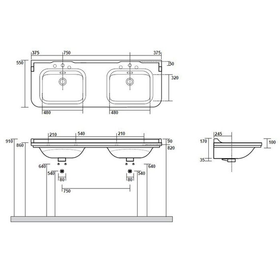 Раковина подвесная Kerasan Waldorf 150 см 4143K1bi/cr*3 (заглушка для перелива 811393br) белый/бронза - фото 4
