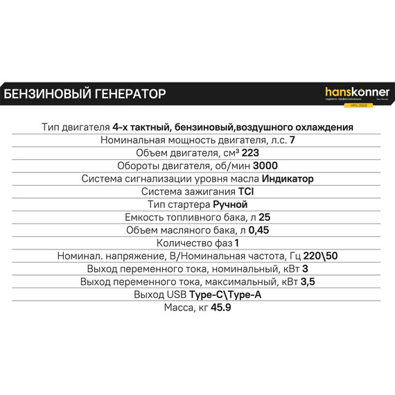 Бензиновый генератор Hanskonner 3/3,5 кВт HPG-3500 - фото 17