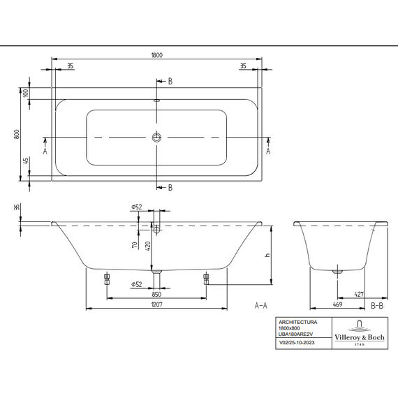 Ванна акриловая Villeroy&Boch Architectura 180x80 см UBA180ARE2V-01 - фото 3