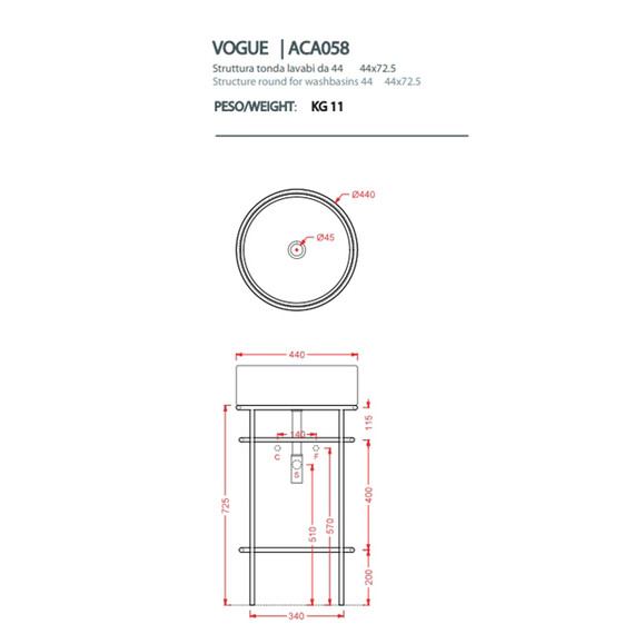 Раковина с металлической консолью ArtCeram Vogue 44 см OSL010 01 00, белый матовый - фото 2