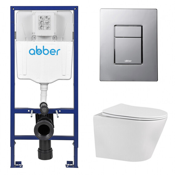Инсталляция с подвесным унитазом комплект: Abber AC0108 с подвесным унитазом Bequem AC1102 с крышкой микролифт, кнопка смыва AC0123 хром глянцевый - фото 