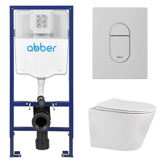 Инсталляция с подвесным унитазом комплект: Abber AC0108 с подвесным унитазом Bequem AC1102 с крышкой микролифт, кнопка смыва AC0124MW белая матовая - фото 