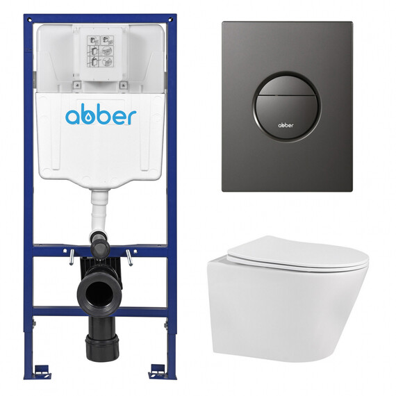 Инсталляция с подвесным унитазом комплект: Abber AC0108 с подвесным унитазом Bequem AC1102 с крышкой микролифт, кнопка смыва AC0126NG оружейная сталь - фото 