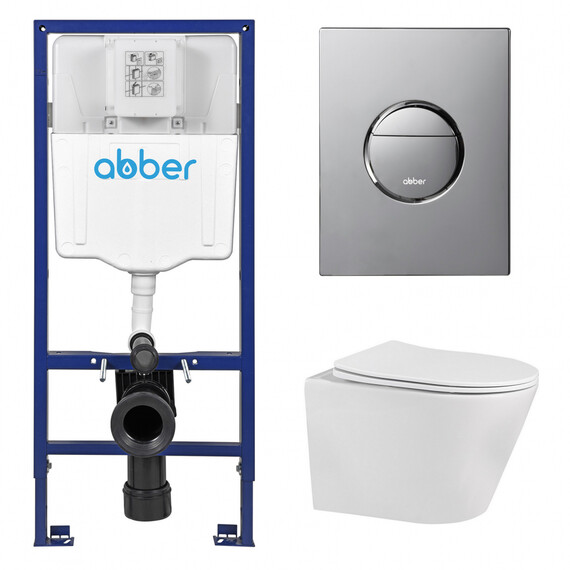 Инсталляция с подвесным унитазом комплект: Abber AC0108 с подвесным унитазом Bequem AC1102 с крышкой микролифт, кнопка смыва AC0126 хром глянцевый - фото 