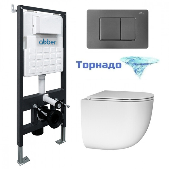 Инсталляция с подвесным унитазом комплект: Abber AC0105 с подвесным унитазом Bequem AC1132TC с крышкой микролифт, кнопка смыва AC0120NG оружейная сталь (система смыва Торнадо) - фото 