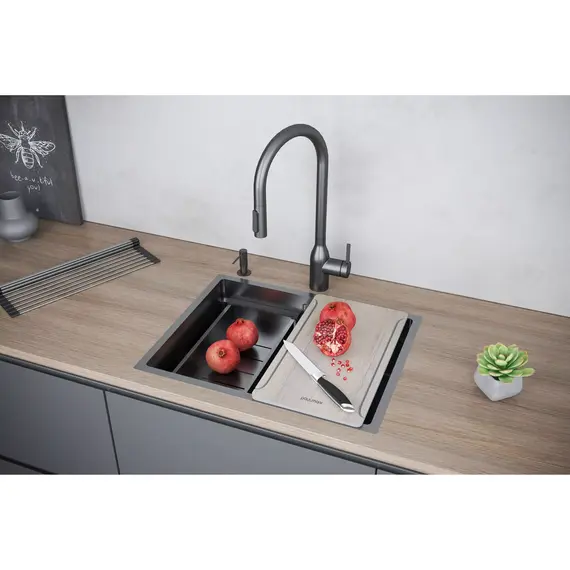 Кухонная мойка Paulmark NEXT-MULTI SINK 58-L UNI 1,2 мм PM785845-L-GM, вороненая сталь - фото 7