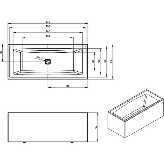 Ванна акриловая Riho STILL SQUARE ELITE 170x75 см R B100030005, Размер - мм: 1700х750 - фото 4