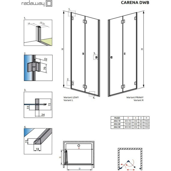 Душевая дверь Radaway Carena DWB 70 см L/R, хром/прозрачное - фото 3