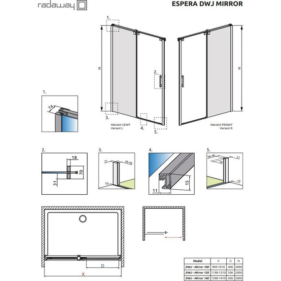 Душевая дверь Radaway Espera DWJ Mirror 140 см L/R, хром/прозрачное/зеркальное - фото 2