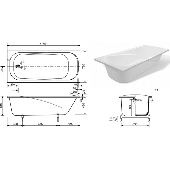 Ванна каменная Эстет Альфа 170х75 см ФР-00001751 - фото 2