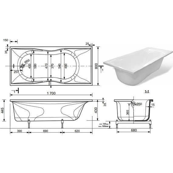 Ванна каменная Эстет Бета 170х80 см ФР-00001321 - фото 2