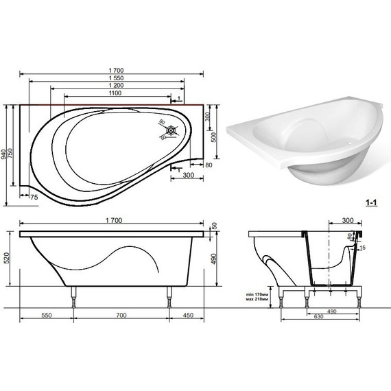 Ванна каменная Эстет Грация 170х95 см L ФР-00000629 - фото 2