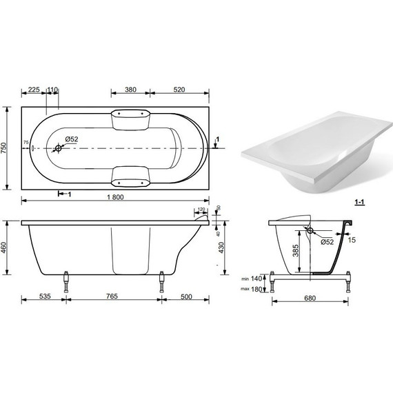 Ванна каменная Эстет Камелия 180х75 см ФР-00001032 - фото 2