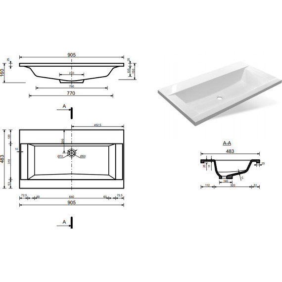 Раковина врезная на столешницу Эстет Рава 90 см ФР-00002613 - фото 2