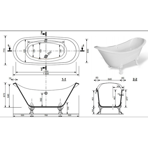Ванна отдельностоящая Эстет Скарлетт 180х77 см ФР-00001245 - фото 2