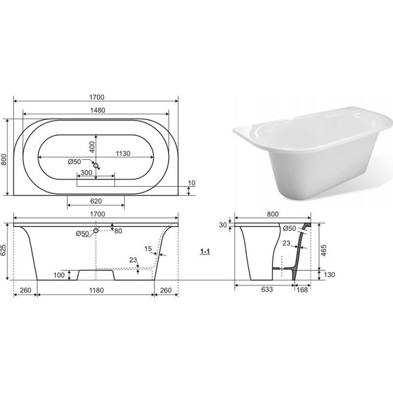 Ванна каменная Эстет Лира 170х80 см ФР-00001912 - фото 2