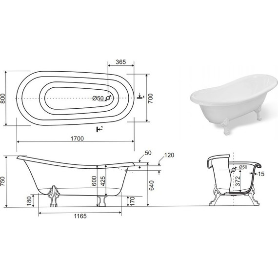 Ванна отдельностоящая Эстет Марсель 170х80 см ФР-00001849 - фото, картинка 2 Ванна отдельностоящая Эстет Марсель 170х80 см ФР-00001849 - фото 2