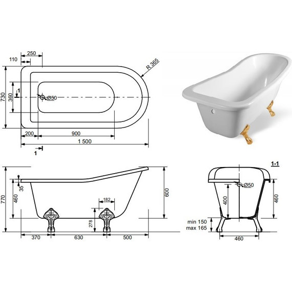 Ванна отдельностоящая Эстет Царская 150х73 см ФР-00001653 - фото 2