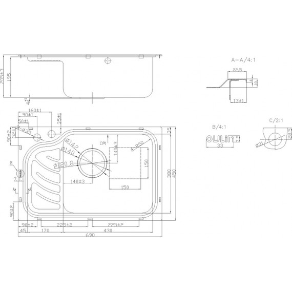 Кухонная мойка Oulin OL-327R 1 мм, нержавеющая сталь - фото 4