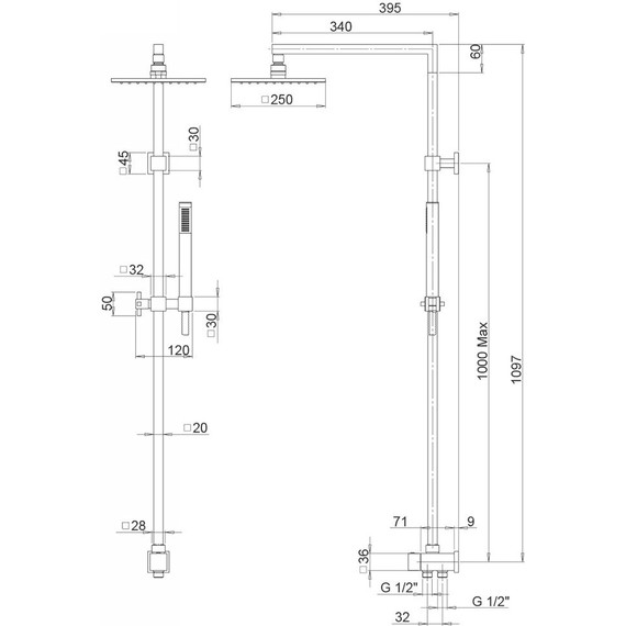 Душевая стойка Paini RSQ1 50CR191ARQ3P3, верхний душ латунь (250 мм) - фото 3