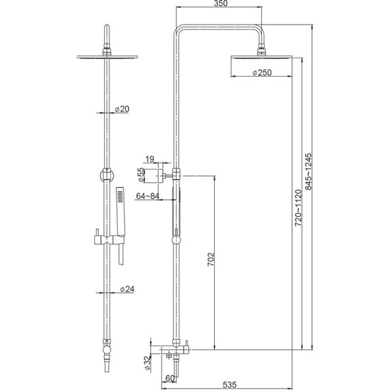 Душевая стойка Paini RST4 50CR191ART2P3, верхний душ латунь (250 мм) - фото 3