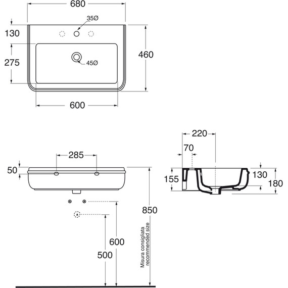 Раковина подвесная Azzurra Charme 70 см CHLP06846T0MBI - фото 6