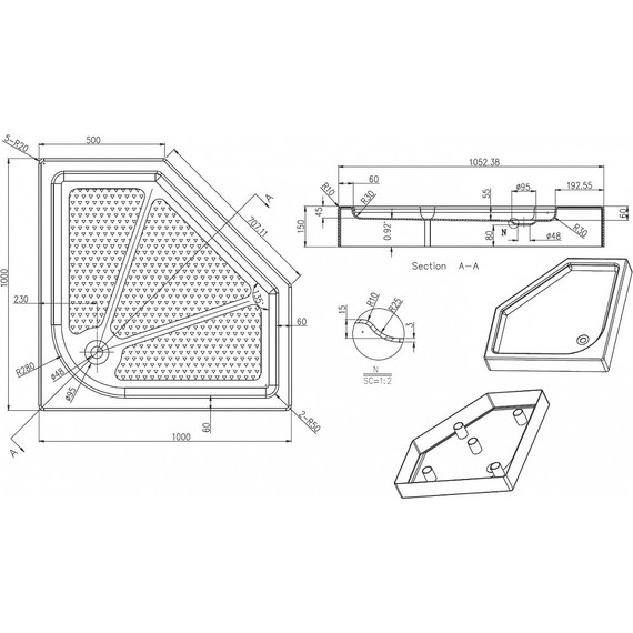 Акриловый поддон Azario 100х100 см P310R/L - фото 3