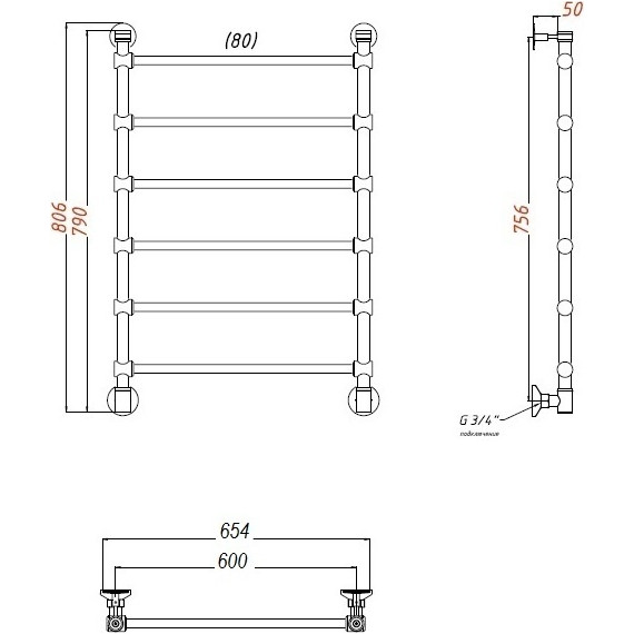 Полотенцесушитель водяной Bronze De Luxe классик П6 600х800 мм, бронза - фото 2