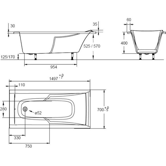 Ванна акриловая Jacob Delafon Corvette 150х70 см E60904-00 с ножками - фото, картинка 3 Ванна акриловая Jacob Delafon Corvette 150х70 см E60904-00 с ножками - фото 3