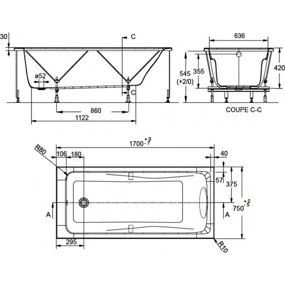 Ванна акриловая Jacob Delafon Odeon Up 170х75 см E60491RU-00, Размер - мм: 1700х750 - фото, картинка 6 Ванна акриловая Jacob Delafon Odeon Up 170х75 см E60491RU-00, Размер - мм: 1700х750 - фото 6