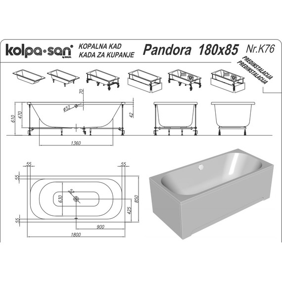 Ванна акриловая Kolpa-San Pandora 180x85 см, Размер - мм: 1800х850 - фото 5