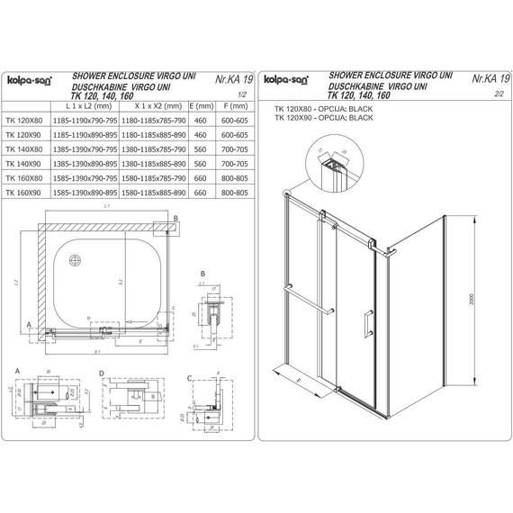 Душевое ограждение Kolpa-San Virgo TK 120х80 см, черный/прозрачное - фото 3