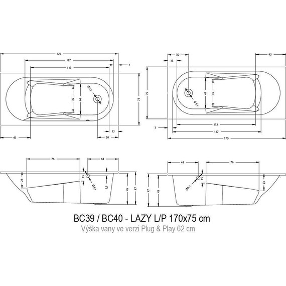 Ванна акриловая Riho Lazy Left plug & play 170x75 см B080005005, Размер - мм: 1700х750 - фото 7