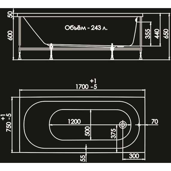 Ванна акриловая 1ACReal Tokyo 170х75 см BBA-TY1775X0-00U с каркасом - фото 12