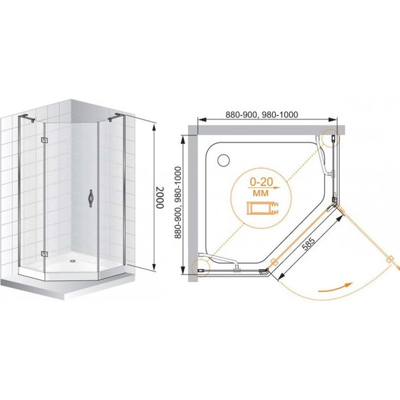 Душевое ограждение Cezares 100х100 см BERGAMO-W-P-1-100-C-Cr-R-IV, хром/прозрачное - фото 3