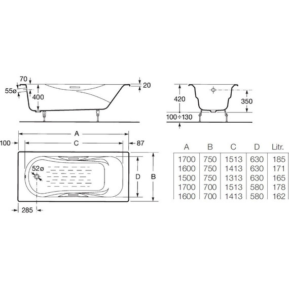 Ванна чугунная Roca Malibu 160x75 см 2310G000R с антискользящим покрытием - фото 5