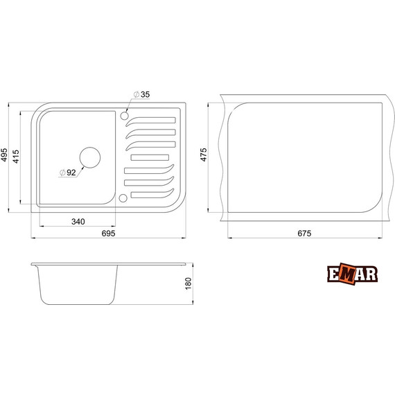 Кухонная мойка Emar EMQ-1695.Q, барит, Цвет производителя: барит - фото 2