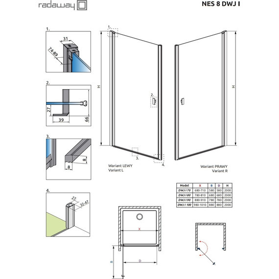 Душевая дверь Radaway Nes 8 Black DWJ I 100 см 10076100-54-01L (стекло 8 мм), черный/прозрачное - фото 8