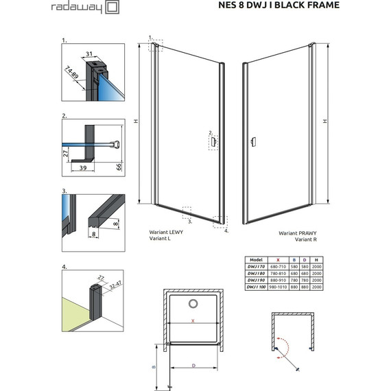 Душевая дверь Radaway Nes 8 Black DWJ I Frame 80 см 10076080-54-56L (стекло 8 мм), черный/прозрачное - фото 6