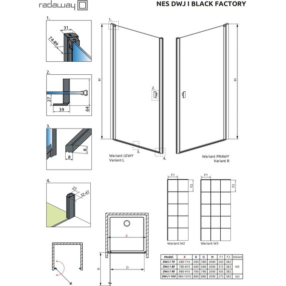 Душевая дверь Radaway Nes Black DWJ I Factory 100 см 10026100-54-55R, черный/прозрачное - фото 6