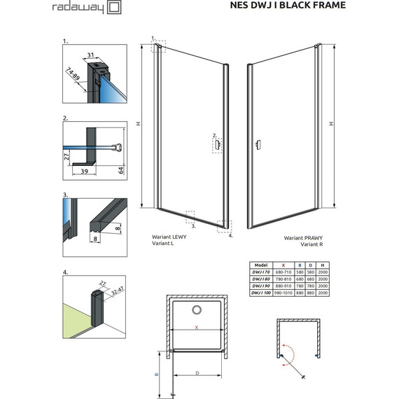 Душевая дверь Radaway Nes Black DWJ I Frame 100 см 10026100-54-56L, черный/прозрачное - фото 6